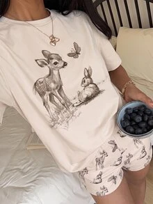 Comfortcana 大尺碼夏季鹿花紋短袖T恤與短褲套裝 - 彩色 - 查看 4