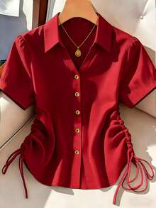 Resyla Chemise grande taille à cordon de serrage et boutons sur le devant - Rouge - Voir 1