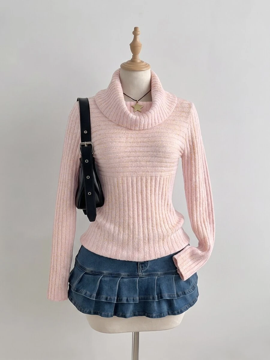SHEIN Unity Solid Turtleneck Ribbed Knit Sweater - Pink - View 1