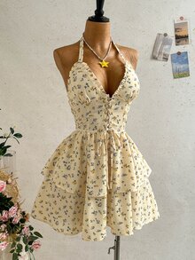 Soleia 碎花印花前綁帶掛脖露背洋裝 - 彩色 - 查看 4