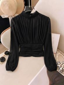 SHEIN Clasi 小高領抓皺燈籠袖女式襯衫 - 黑色 - 查看 3