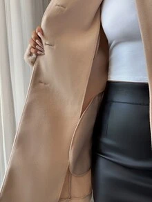 Elenzga Patchwork Faux‑Fur With Side Pockets  Belted Overcoat Office Beige Autumn Elegantrueu - Khaki - View 3