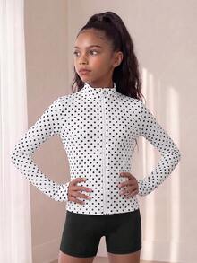 SHEIN Tween Girl Polka Dot Print Zip Up Sports Jacket - Black and White - View 6
