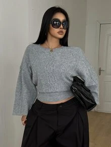POPSWAY Plus Size Solid Cable Knit Drop Shoulder Crop Sweater Winter - Grey - View 7