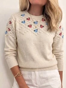 Sprig & Strand Floral Embroidery Drop Shoulder Popcorn Knit Sweater - Apricot - View 1