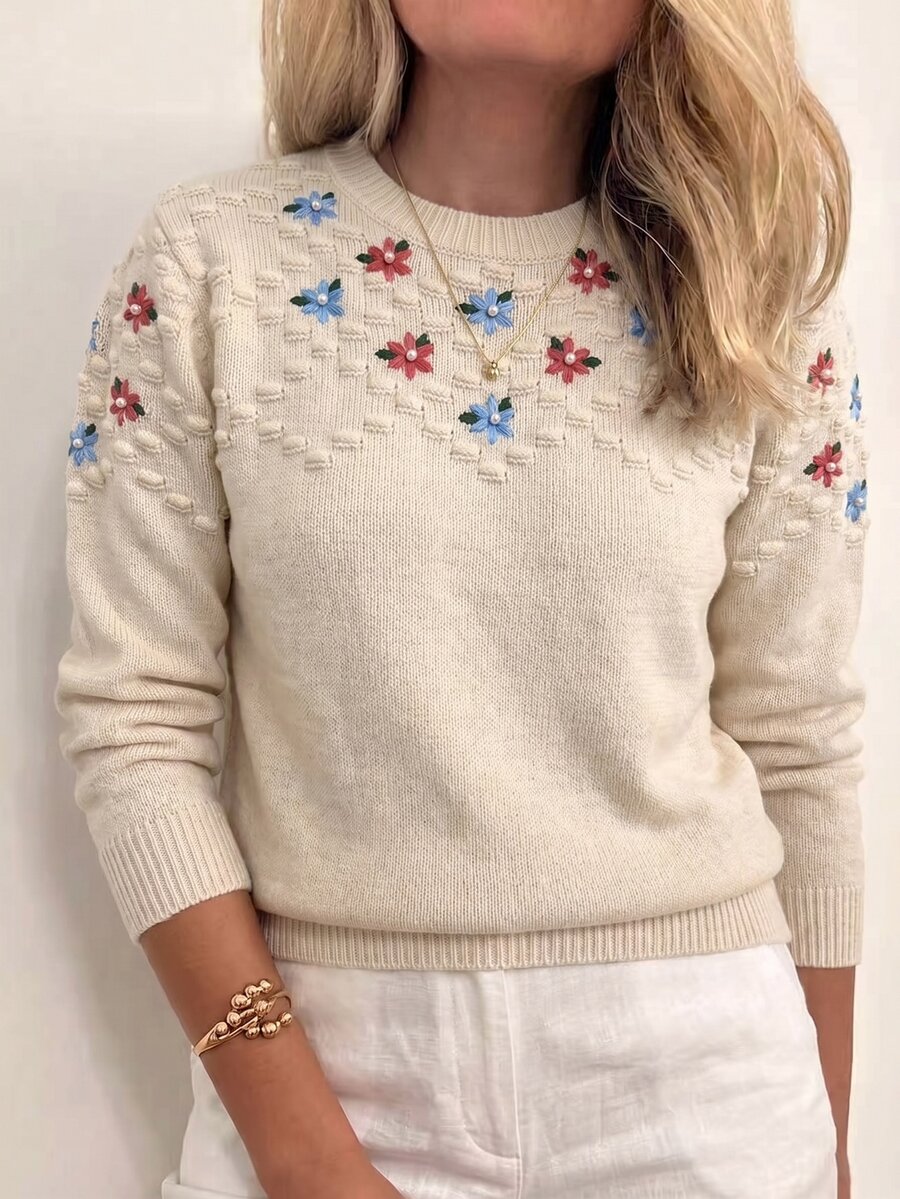 Sprig & Strand Floral Embroidery Drop Shoulder Popcorn Knit Sweater - Apricot - View 1