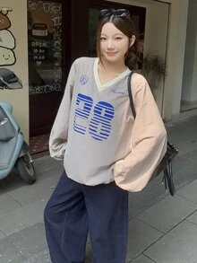 DAZY Sweatshirt Longgar Model Bahu Jatuh dengan Grafis Huruf dan Angka untuk Musim Gugur - Grey - View 8