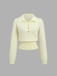 Flirla Solid Half Button Front Wide Hem Sweater - Yellow - View 1