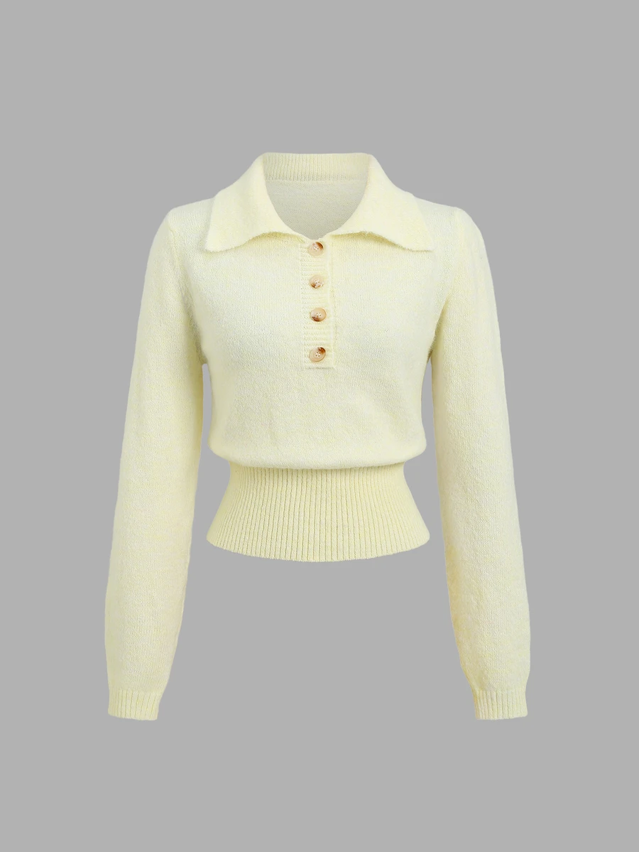 Flirla Solid Half Button Front Wide Hem Sweater - Yellow - View 1
