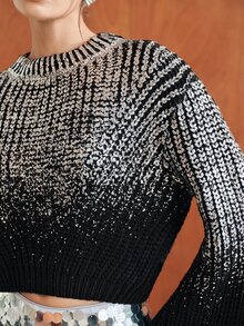 Anewsta Colorblock Flounce Sleeve Sweater - Black - View 7