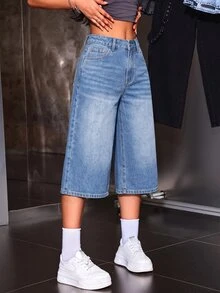 SHEIN ICON 1件漂白水洗寬腿牛仔褲 - 藍色 - 查看 5