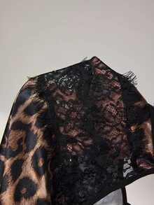 Lowkey Lull Leopard Print Contrast Lace Split Thigh Satin Cami Sleep Dress - Multicolor - View 8