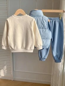 Baby Boy 3pcs Embroidery Bear Pattern Thermal Lined Vest Jacket & Sweatpants & Sweatshirt - Blue - View 2
