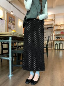 DAZY Polka Dot Split Back Straight Skirt Fall - Black - View 1
