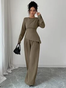 SHEIN Raffinéa 純色不對稱下擺T恤與寬腿長褲 - 卡其色 - 查看 8