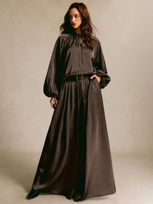 COSMINA Tie Neck Lantern Sleeve Satin Top & Wide Leg Pants Set - Brown - View 6