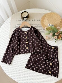 SHEIN 女童全印花金色鈕扣門襟夾克外套與裙子套裝 - 棕色 - 查看 4