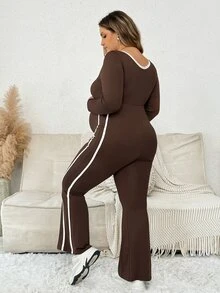Plussiva 大尺碼孕婦對比包邊喇叭褲腳連身褲 - 棕色 - 查看 2