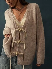 Bohemela Áo cardigan dáng duffle vai trễ - Màu Khaki - Xem 5