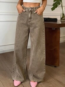 DAZY Celana Jeans Pinggang Tinggi dengan Potongan Lebar untuk Liburan Musim Gugur - Khaki - View 5
