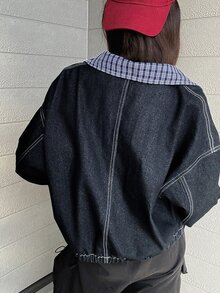 FRIFUL Plaid Print Drop Shoulder Zip Up Denim Jacket Everyday Going Out School Navy Blue And White Autumn Casual Streetwear Street - Blue - View 5