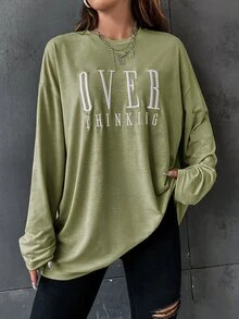SHEIN Unity Embroidery Letter Pattern Drop Shoulder Oversize Tee - Green - View 4