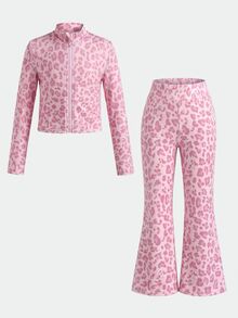 SHEIN 女童 1件豹紋對比滾邊夾克外套 & 1件喇叭褲 - 粉色 - 查看 5