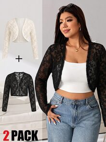 Solflare Plus Open Front Sheer Lace Crop Jacket Without Cami Top Fall - Black and White - View 2