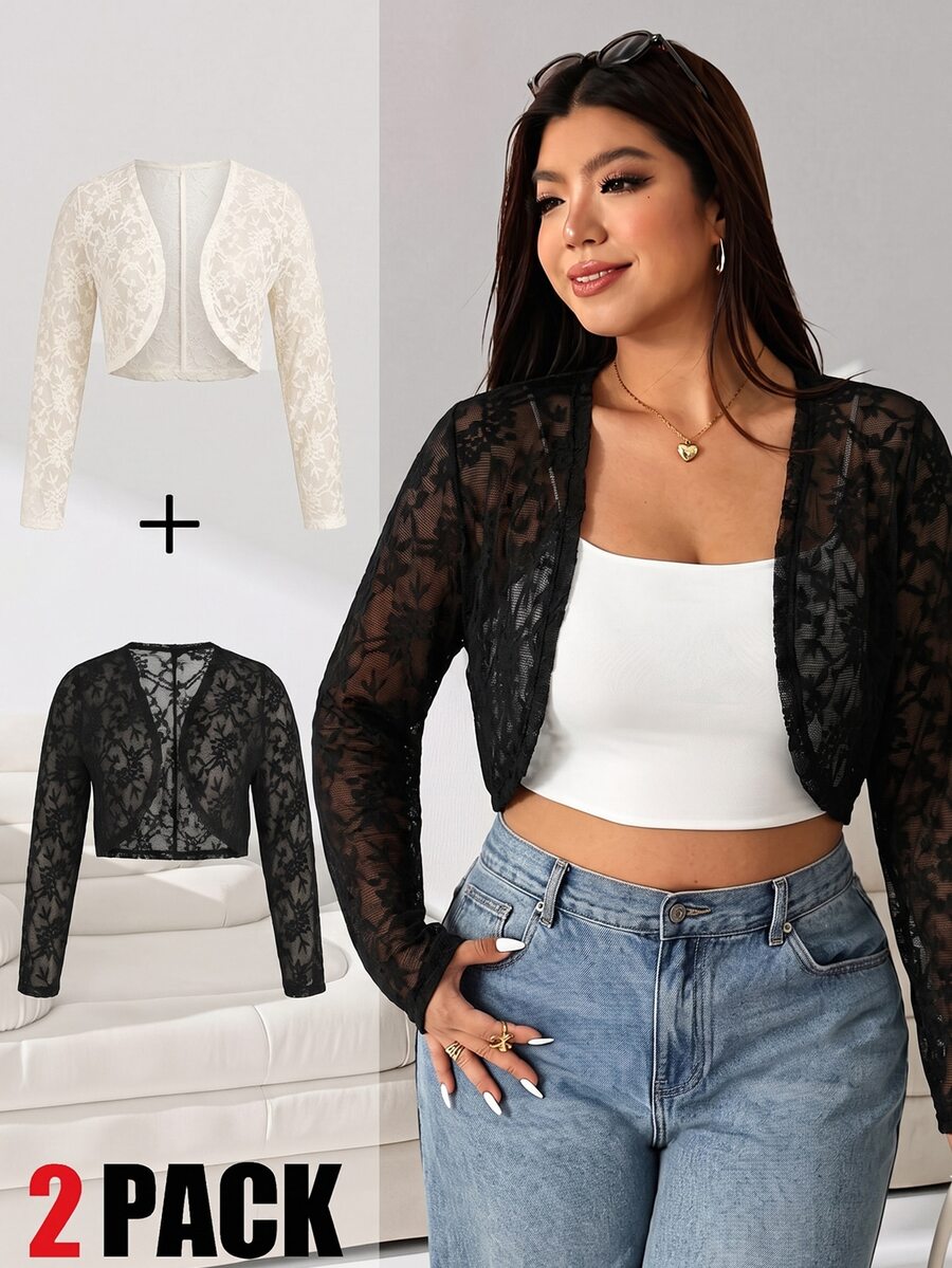 Solflare Plus Open Front Sheer Lace Crop Jacket Without Cami Top Fall