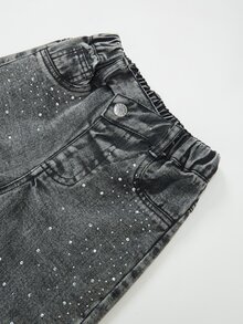 SHEIN Elladie kids 少女高腰寬腿牛仔褲 - 黑色 - 查看 4