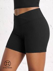 SHEIN Shorts de ciclista de punto acanalado con cintura asimétrica para niña preadolescente - Negro - Ver 3
