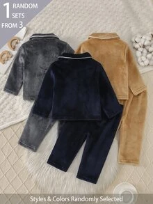 SHEIN Baby Boy Letter Embroidery Contrast Piping Fuzzy Pajamas Set - Multicolor - View 2