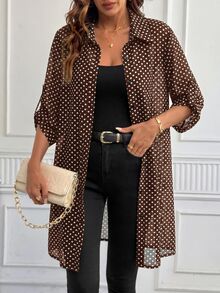 SHEIN Clasi Polka Dot Print Roll Tab Sleeve Shirt - Coffee Brown - View 7