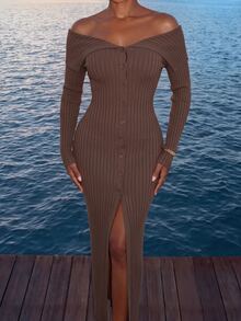 Sirith Busana Musim Gugur untuk Wanita: Gaun Sweater Elegan dengan Bahu Terbuka dan Kancing Depan, Cocok untuk Makan Malam dan Liburan, Warna Cokelat Mocha, Seksi untuk Musim Gugur. - Coffee Brown - View 6