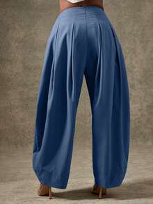Vixey Solid Slant Pocket Fold Pleated Tapered Pants - Blue - View 4