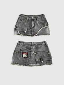 ROMWE Y2K 1pc Raw Hem Washed Denim Skirt - Grey - View 1