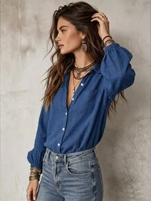 SHEIN Solid Drop Shoulder Lantern Sleeve Shirt - Blue - View 3