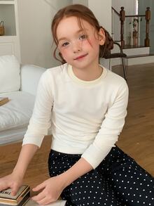 DAZY Tween Girl Solid Round Neck Long Sleeve Tee Fall - Beige - View 8