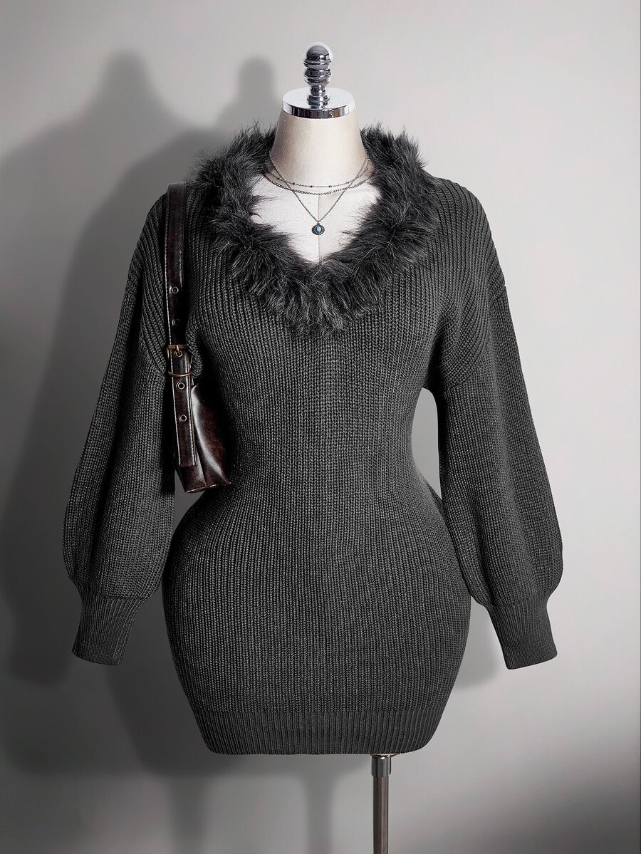 SHEIN ICON Plus Fuzzy Trim Lantern Sleeve Sweater Dress - Dark Grey - View 1