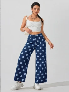 EMERY ROSE Jeans de pierna ancha con lunares - Azul - Ver 5