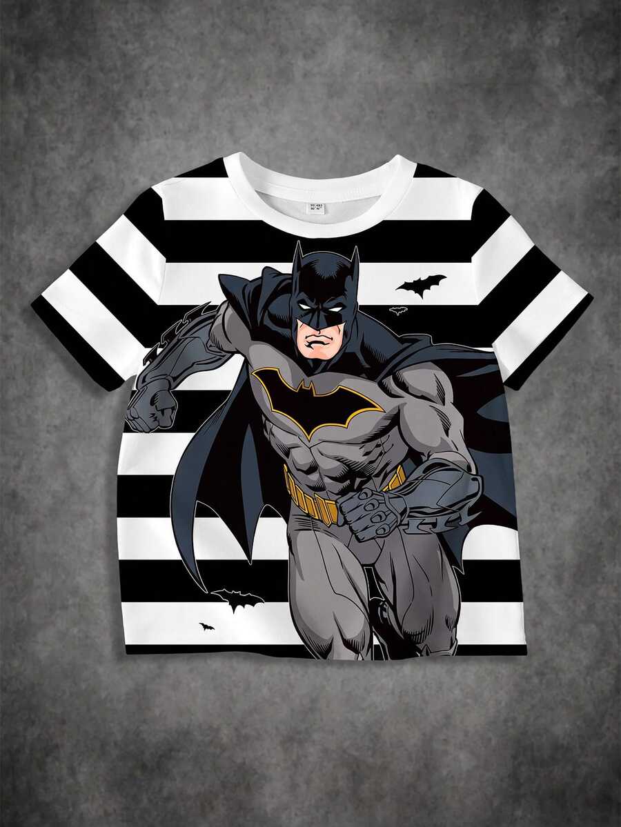 BATMAN X SHEIN 小男孩條紋與卡通圖案印花T恤 - 白色 - 查看 1