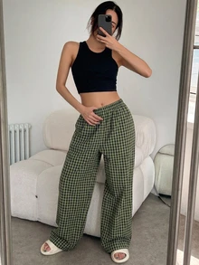 DAZY Gingham Print Elastic Waist Sleep Pants - Green - View 6