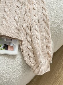 SHEIN Sweater Rajut Kabel Leher V Polos Bahu Jatuh untuk Anak Perempuan Remaja Musim Gugur - Aprikot - View 5