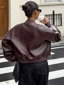 DAZY Contrast Side Seam Raglan Sleeve Bomber Leather Jacket Fall - Burgundy - View 2