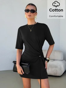 Lavishia Solid Drawstring Front Tee Dress - Black - View 8