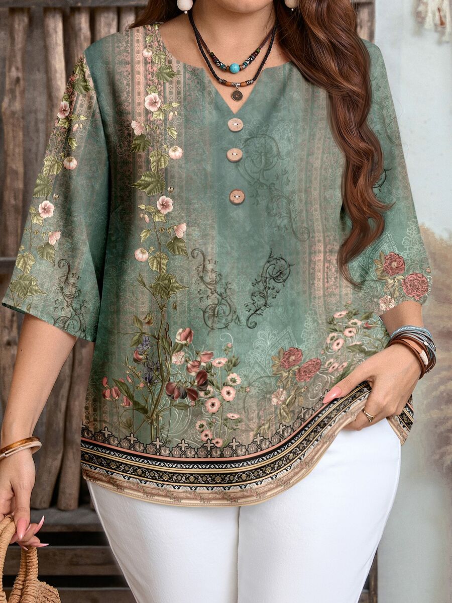 EMERY ROSE Blusa de talla grande con estampado floral y cuello con muesca - Verde - Ver 1