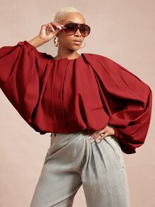 Vixey Solid Fold Pleated Lantern Sleeve Jacket - Red - View 4