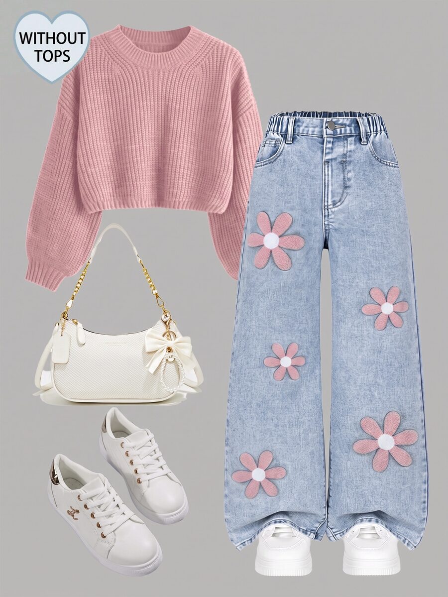 SHEIN ChillGRL Tween Girl Floral Patched Wide Leg Jeans - Blue - View 1