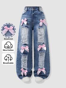 SHEIN Tween Girl Bow Front Ripped Wide Leg Jeans - Dark Wash - View 4