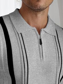 Core Aspect Men Striped Pattern Quarter Zip Knit Top - Grey - View 5